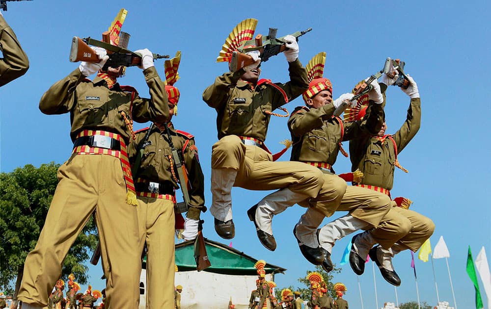 Sahastra Seema Bal (SSB) jawans celebrate during the passing-out parade ceremony.