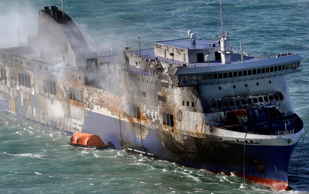 Smoke billows from the Italian-flagged Norman Atlantic ferry that caught fire in the Adriatic Sea.