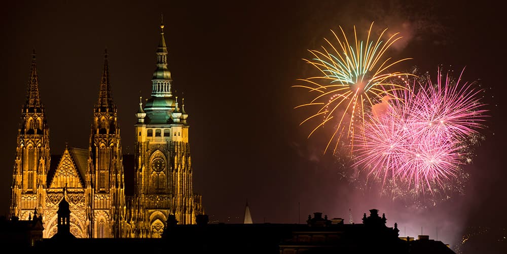 Fireworks light the sky above Prague Castle during New Year's celebrations in Prague, Czech Republic.