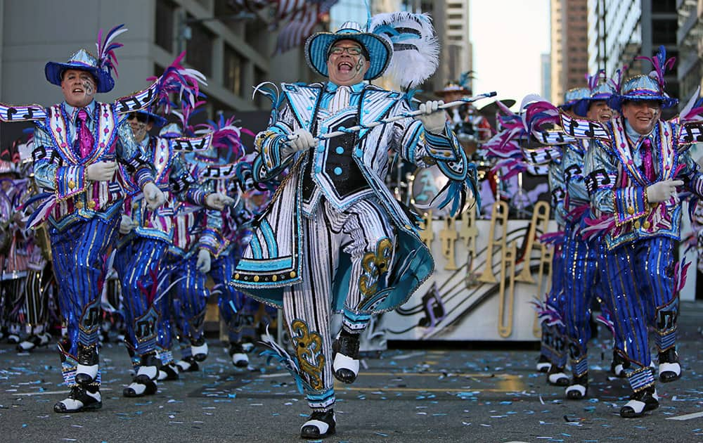 Members of the Aqua String Band perform during the 115th annual Mummers Parade in Philadelphia.