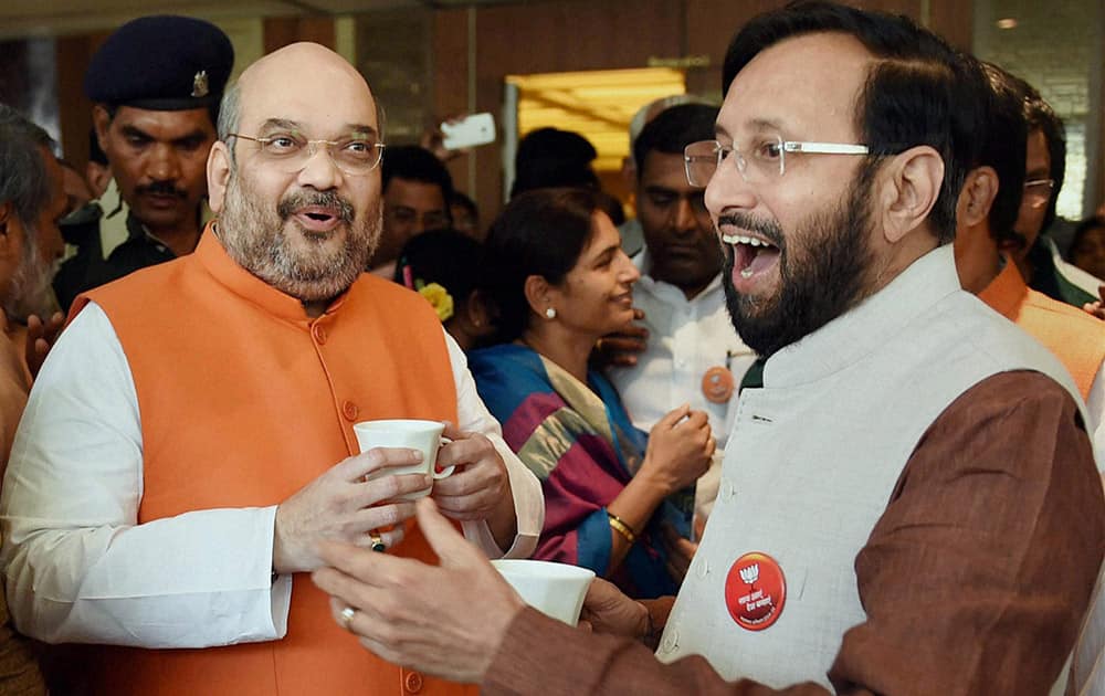 BJP President Amit Shah with Environment Minister Prakash Javadekar in Mumbai.