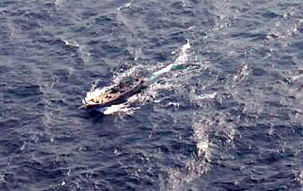 An aerial view of the fishing boat carrying explosives before being intercepted by Indian Coast Guard approximately 365 km off Porbander in Gujarat.