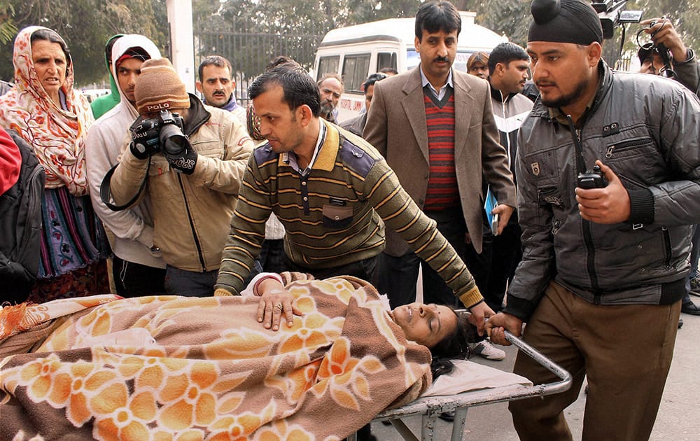 An injured civilian is taken to the Government Medical College and Hospital in Jammu on Saturday. Six civilians were injured in Pakistani shelling on the international border in Samba and Kathua sector, in Jammu.