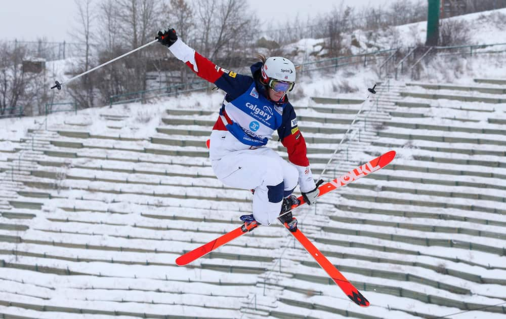 USA's Hannah Kearney competes during the women's World Cup freestyle moguls event in Calgary, Alberta.