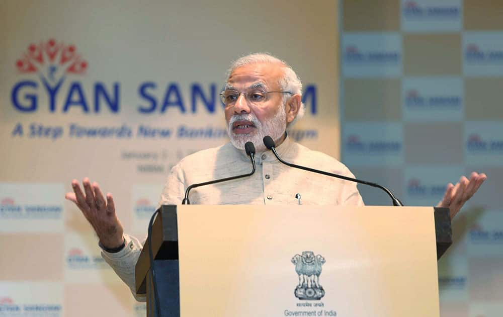 Prime Minister Narendra Modi addressing at the “Gyan Sangam”, a two-day retreat function of the chiefs of financial institutions, in Pune.