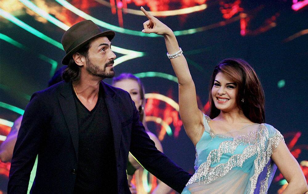 Bollywood actors Arjun Rampal and Jacqueline Fernandez on the sets of Bigg Boss Season 8.