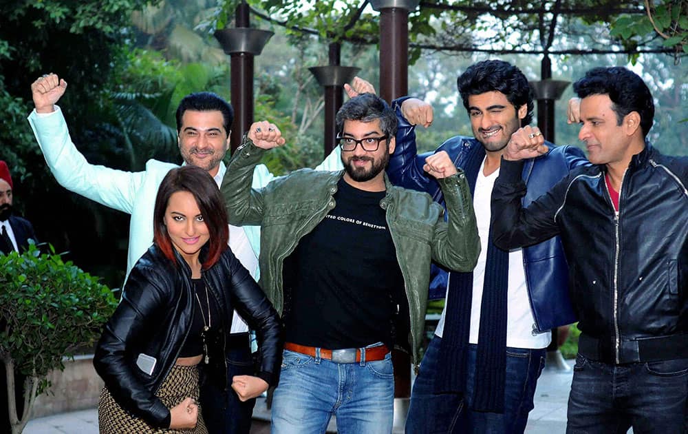 Bollywood actors Sonakshi Sinha, Sanjay Kapoor, Arjun Kapoor and Manoj Bajpai at a promotional event in New Delhi.