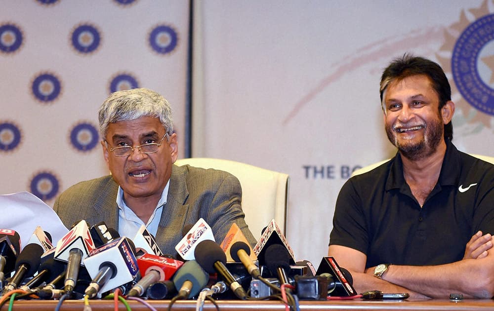 BCCI Secretary, Sanjay Patel and National Selection Committee Chairman, Sandeep Patil during a press conference announcing the Indian World Cup squad in Mumbai.