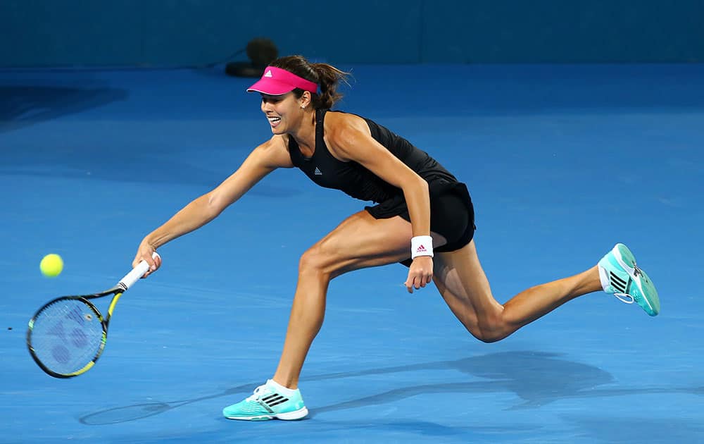 Ana Ivanovic of Serbia plays a shot in her match against Jarmila Gajdosova of Australia during the Brisbane International tennis tournament held in Brisbane, Australia.