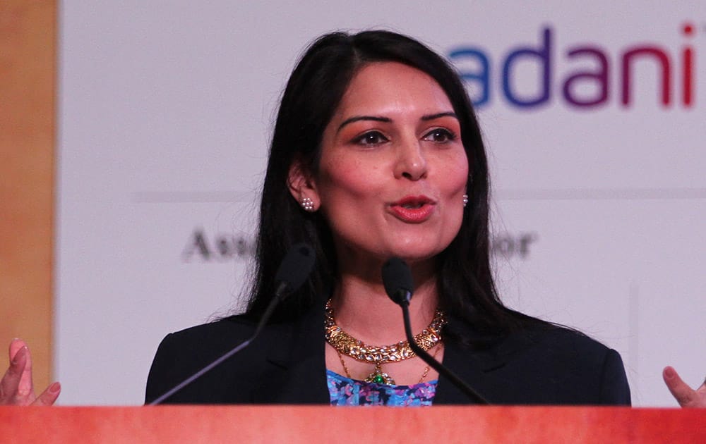 UK India Diaspora Champion Priti Patel speaks during the inauguration of Youth Pravasi Bharatiya Divas in Gandhinagar.