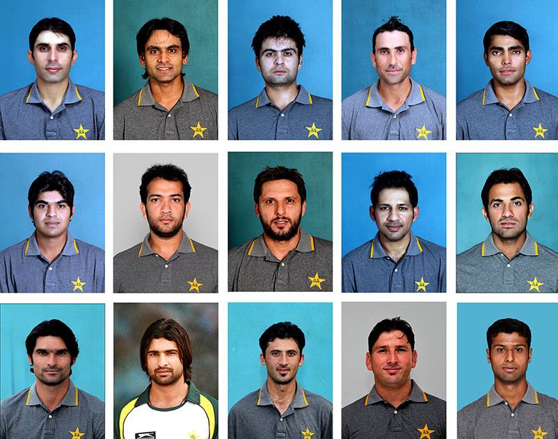 This combination of official pictures released by the Pakistan Cricket Board, shows Pakistan's 15-member squad for the upcoming Cricket World Cup, Misbah-ul-Haq (captain), Mohammad Hafeez, Ahmed Shehzad, Younis Khan, Umar Akmal, in second row, Haris Sohail, Sohaib Maqsood, Shahid Afridi, Sarfraz Ahmed, Wahab Riaz, 3rd row, Mohammad Irfan, Sohail Khan, Junaid Khan, Yasir Shah and Ehsan Adil.