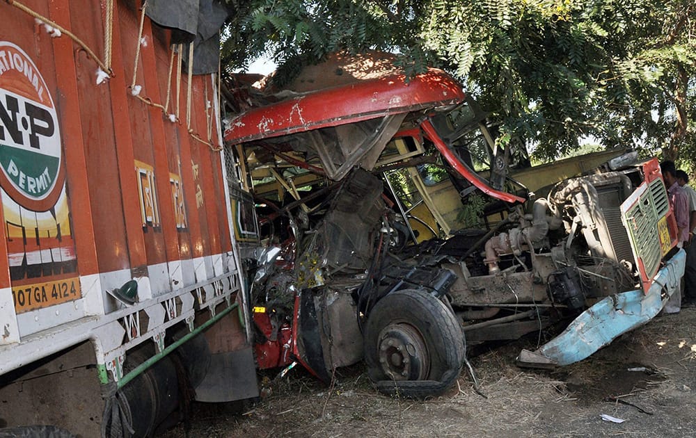 The wreckage on accident spot after a truck collided with a passenger bus in which 4 people were killed in Osmanabad district in Maharashtra.