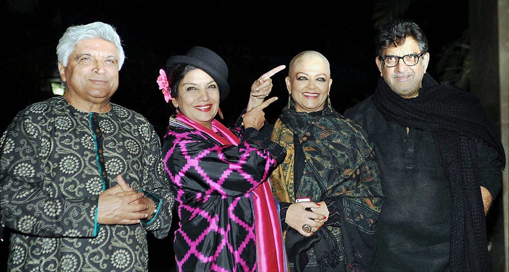 Bollywood lyricist Javed Akhtar, actor Shabana Azmi, Tanvi Azmi and her husband and cinematographer Baba Azmi during Farah Khans 50th birthday celebration in Mumbai.