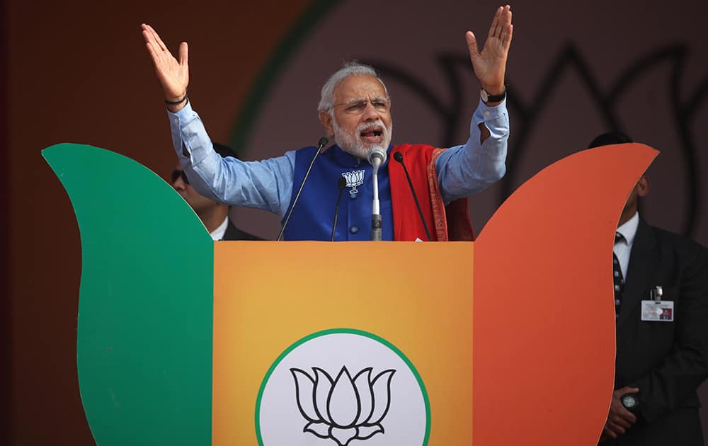 Prime Minister Narendra Modi addresses a public rally in New Delhi.