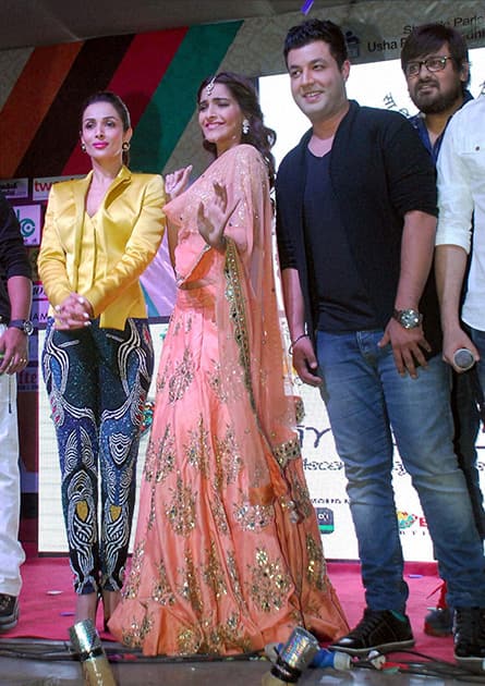 Malaika Arora Khan, Sonam Kapoor and Varun Sharma during the music launch of an upcoming film Dolly Ki Doli.