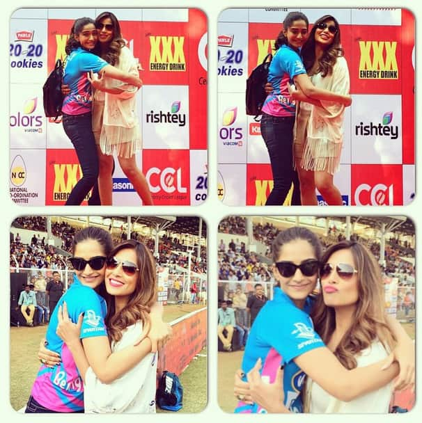 bipashabasu :- With the adorable and loving @sonamkapoor at #CCL today! Warm tight hugs - Instagram