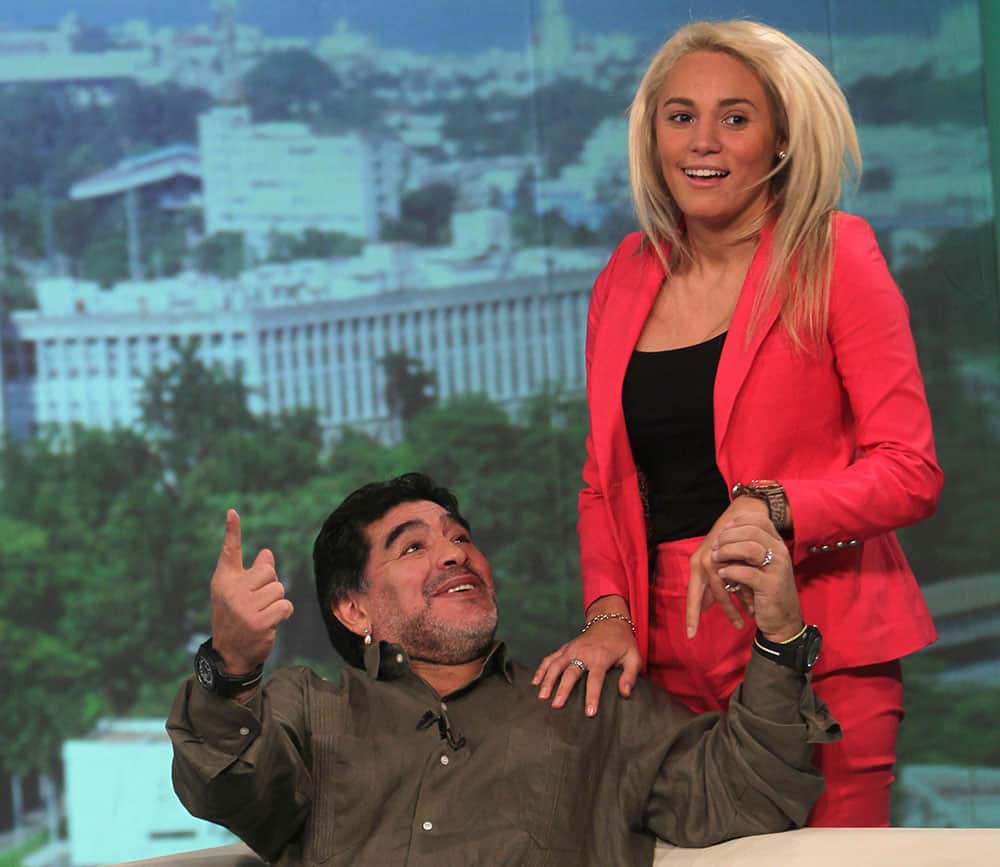 Argentina's soccer legend Diego Armando Maradona and his girlfriend Rocio Oliva participate at the Cuban Institute of Radio and Television (ICRT) at the recording the TV show 