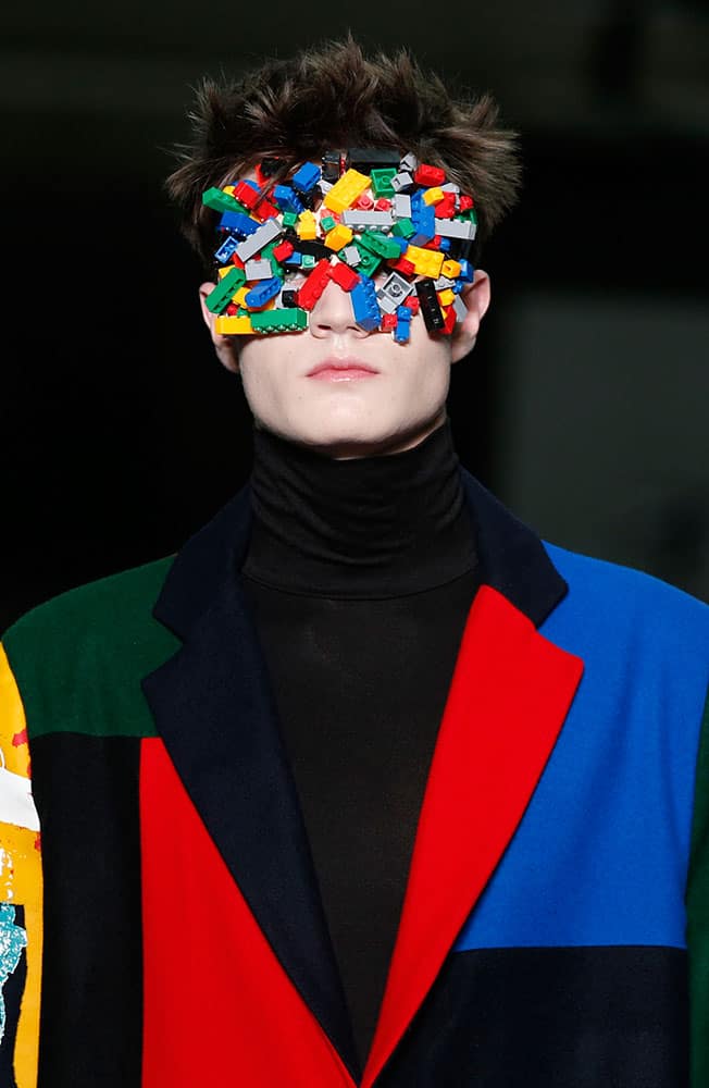 A model displays designs by Agi & Sam during the Men's Autumn/Winter 2015 London Collections.