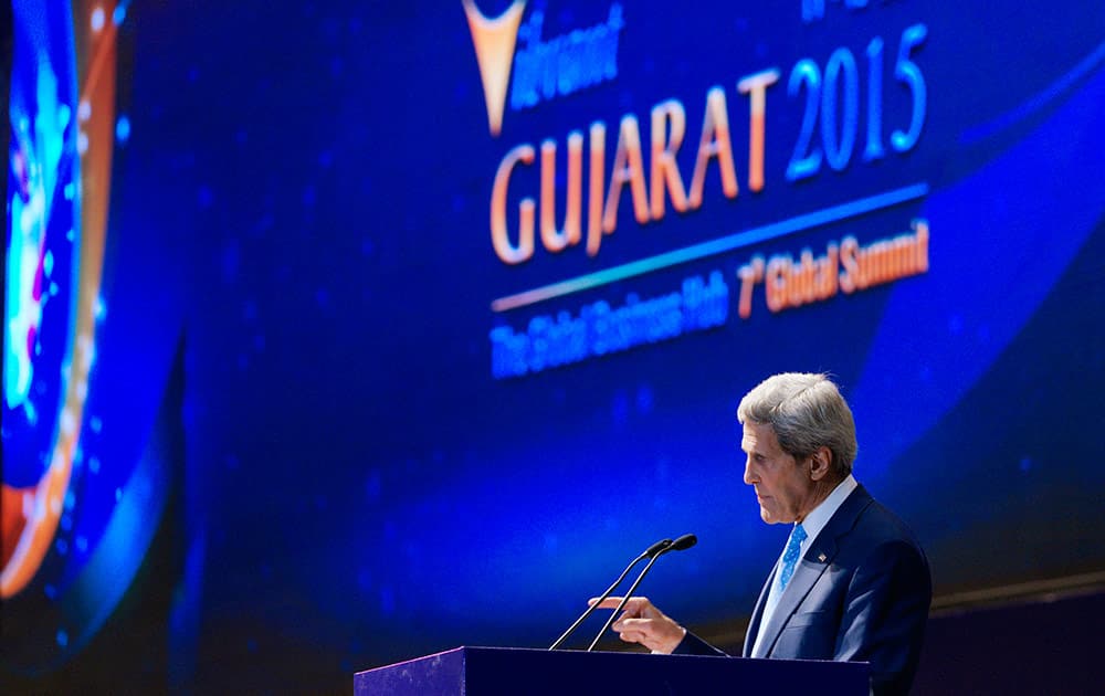U.S. Secretary of State John Kerry speaks at the Vibrant Gujarat conference in Ahmedabad, India.