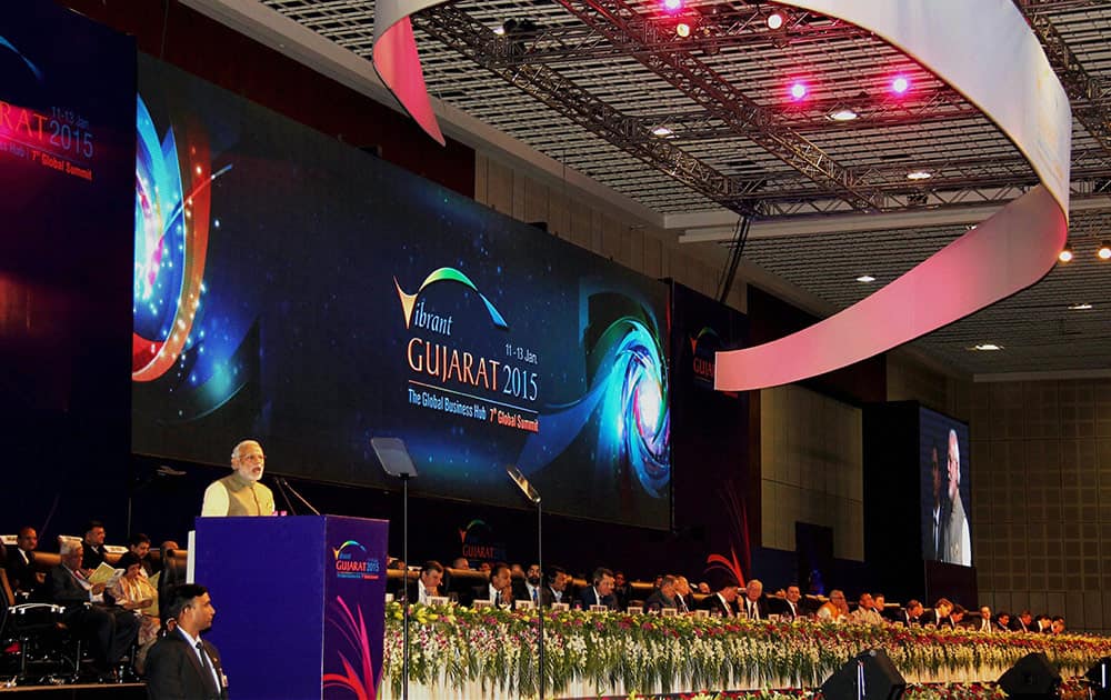 Prime Minister Narendra Modi addresses the Vibrant Gujarat Global Summit 2015 in Gandhinagar.
