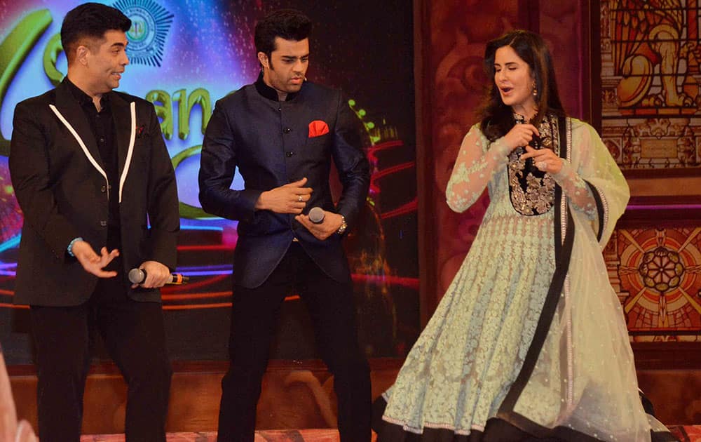 Karan Johar, Manish Paul and Katrina Kaif during the Umang Mumbai Police Show 2015 in Mumbai. -dna