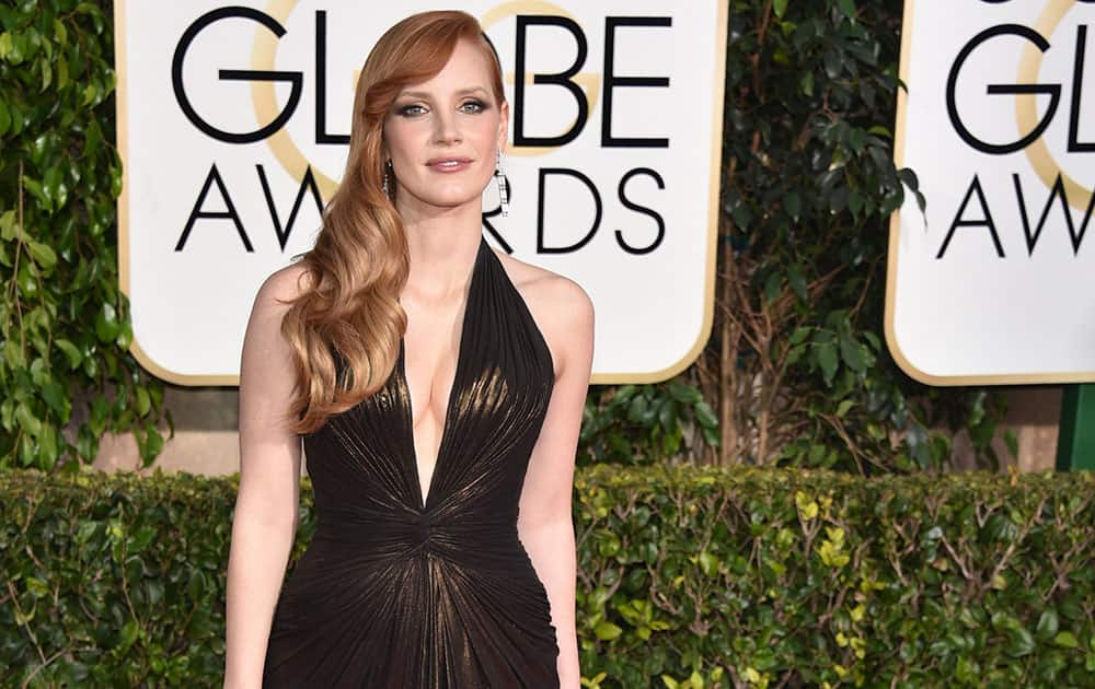 Jessica Chastain arrives at the 72nd annual Golden Globe Awards.