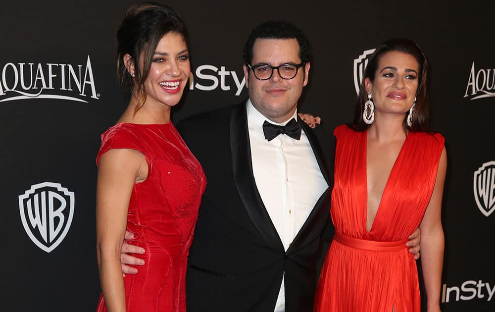 Jessica Szohr, from left, Josh Gad, and Lea Michele arrive at the 16th annual InStyle and Warner Bros. Golden Globes afterparty at the Beverly Hilton Hotel.