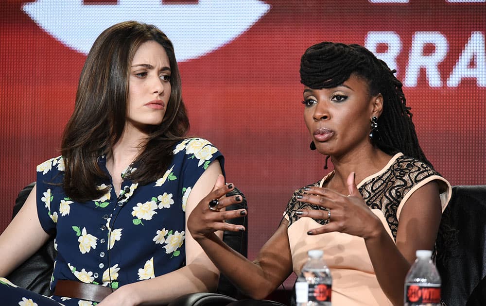 Emmy Rossum, left, and Shanola Hampton speak during the 