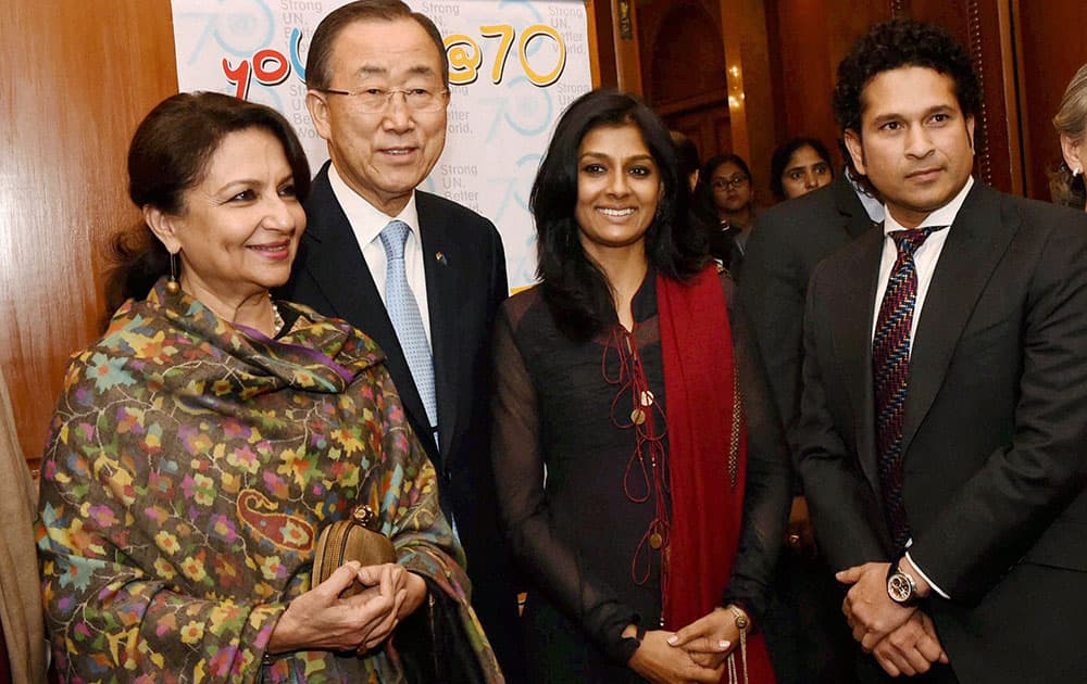 UN Secretary General, Ban Ki Moon,Cricket legend Sachin Tendulkar with actress Nandita Das and Sharmila Tagore during the launch logo Young@70 in New Delhi.