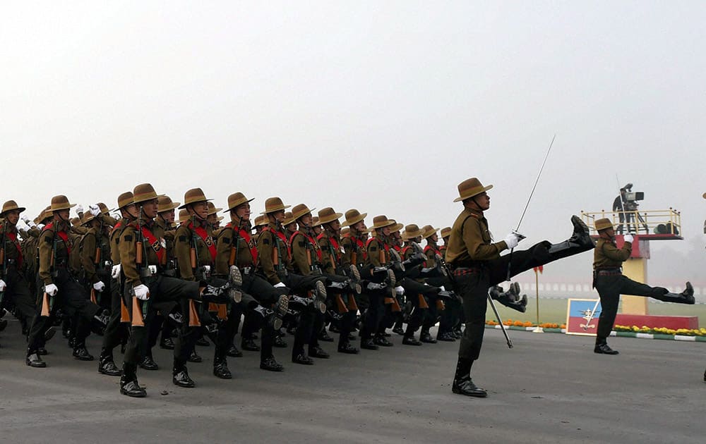 Army Jawans march during the Army Day parade at Delhi Cantt in New Delhi.