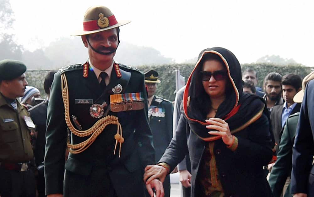 Army Chief General Dalbir Singh Suhag with his wife Namita Suhag during the Army Day parade in New Delhi.