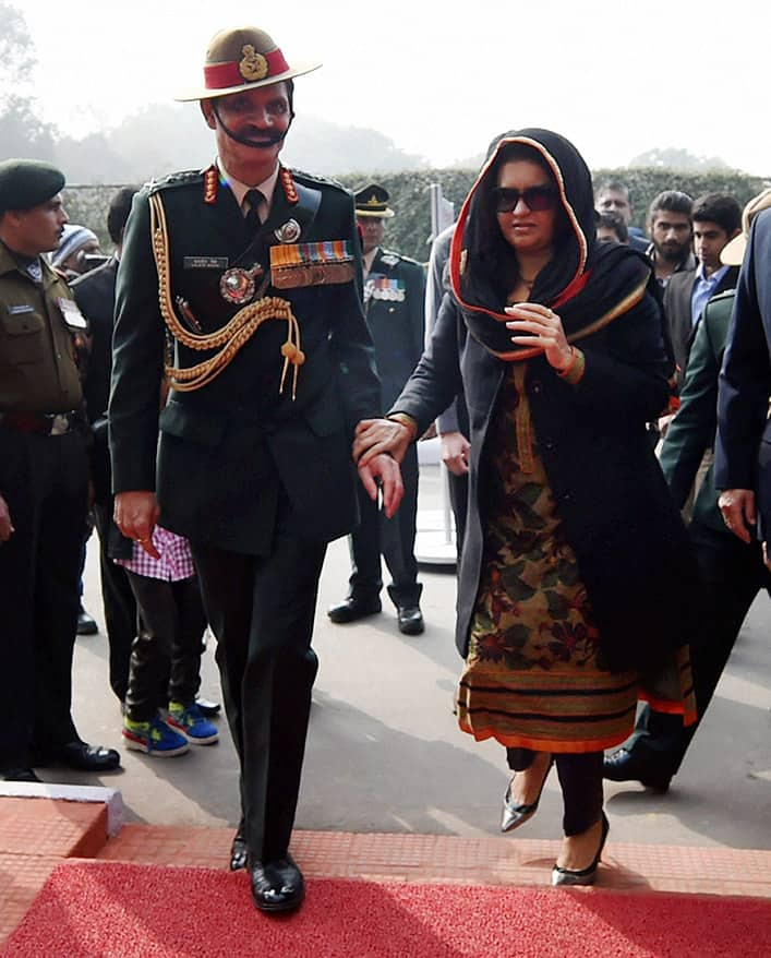 Army Chief General Dalbir Singh Suhag with his wife Namita Suhag during the Army Day parade in New Delhi.