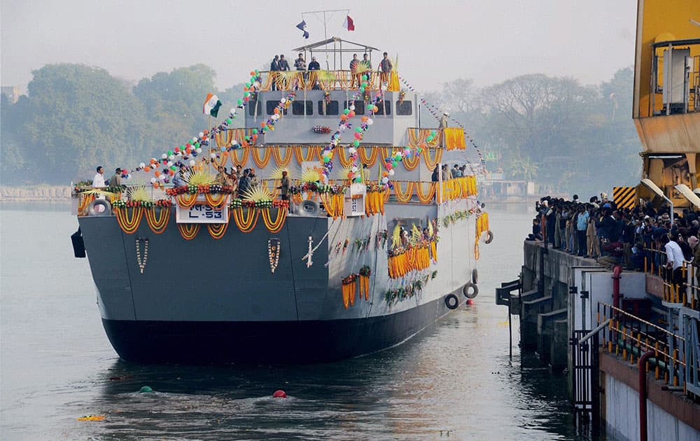 Landing Craft-Utility (LCU) ship Mark-IV moves on after it was launched by Reena Lamba (unseen ) wife of Vice Admiral Sunil Lamba, Vice Chief of Naval staff in a function at Graden Reach Shipbuilders & Engineers Limited, River Ganga in Kolkata.