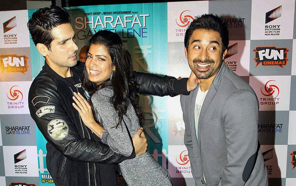 Bollywood actors Tena Desae, Rannvijay Singh and Zayed Khan during the screening of film Sharafat Gayi Tel Lene in Mumbai.