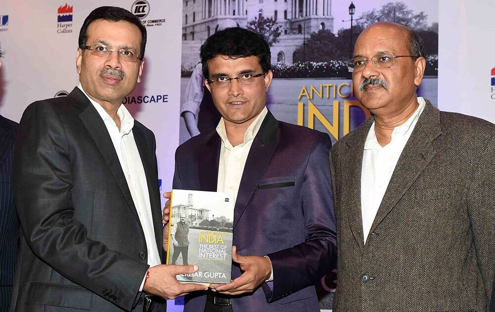 Former cricket captain Sourav Ganguly, Past President ICC, Sanjiv Goenka, Editor, Author Shekhar Gupta during a Book reading event in Kolkata.