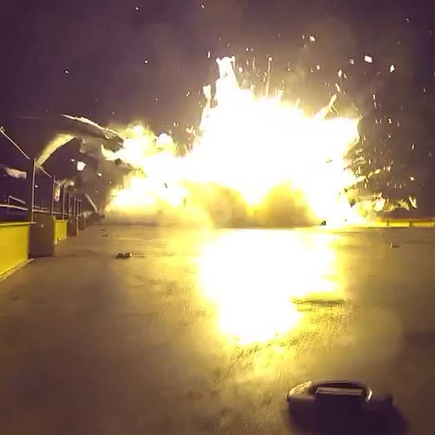 This image from video provided by SpaceX shows its booster rocket trying to land on a floating barge in the Atlantic after launch, in an unprecedented attempt that ended in a fiery explosion. The video released Friday, Jan. 16, 2015 shows the rocket hitting the football field-sized barge a couple hundred miles off Florida's northeastern coast. The landing attempt came minutes after separation from the main rocket that successfully delivered groceries and science experiments to the International Space Station.