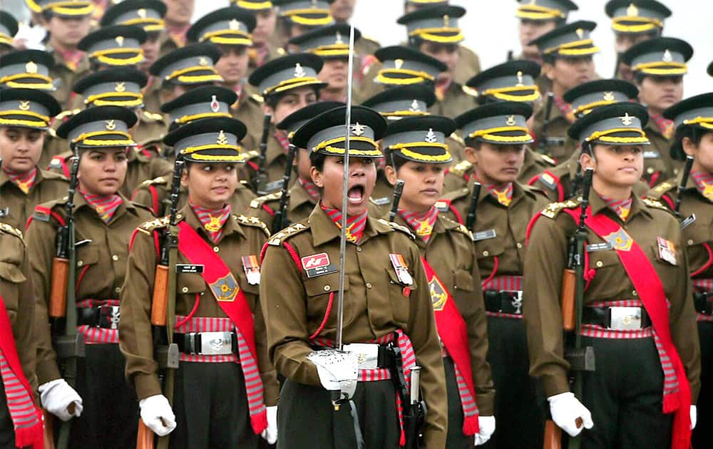 All women contingent of Indian Army during the rehearsal for the Republic Day parade at Rajpath in New Delhi.