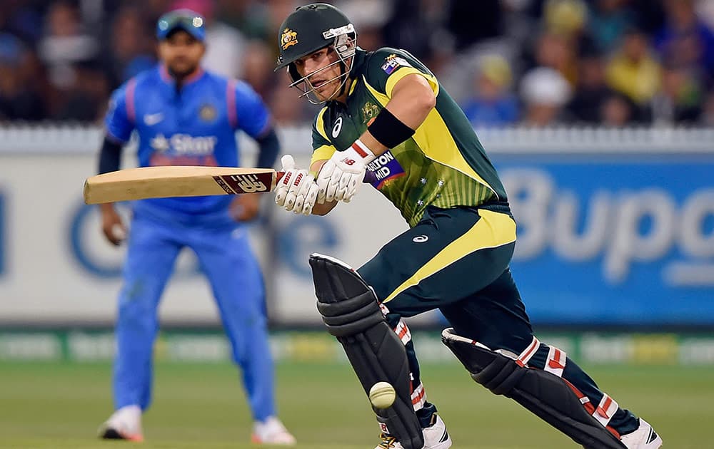 Australia's Aaron Finch bats against India during their One Day International cricket match in Melbourne, Australia, Sunday.