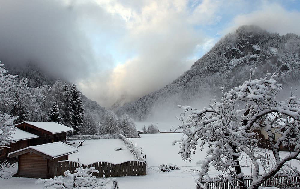 Snow covers a tree and the landscape in the German Alps near Inzell, Germany. Weather forecasts predict changeable weather for Germany. 