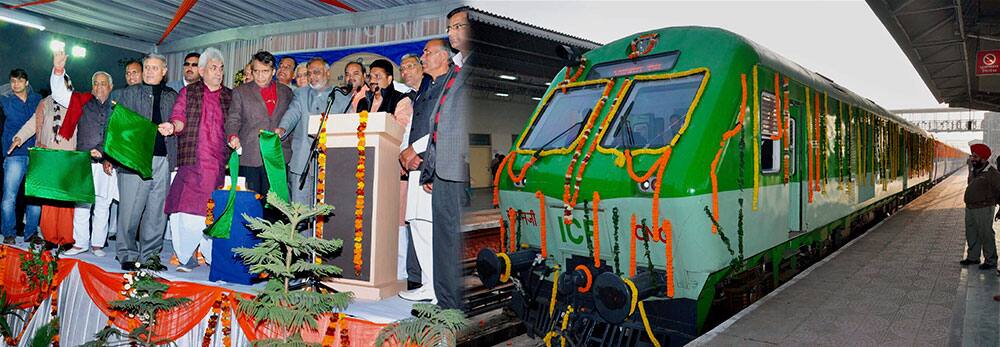 Combo- Union Railway Minister Suresh Prabhu and Union Minister of State for Planning and Defence, Rao Inderjit Singh with Haryana Minister of State for Cooperation, Bikram Singh Yadav flag off the new passenger train from Rewari to Bikaner and from Rewari to Rohtak, in Rewari.
