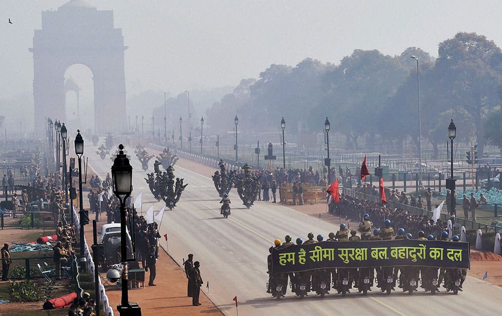 BSF daredevils during the rehearsal for the Republic Day parade at Rajpath in New Delhi.