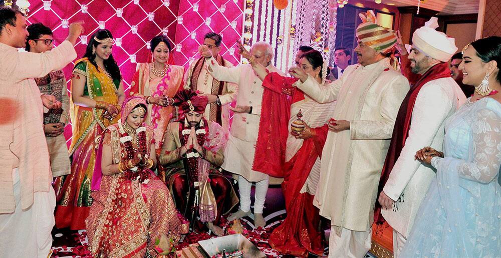 Prime Minister Narendra Modi at the wedding of Kussh Sinha, son of Bharatiya Janata Party (BJP) MP Shatrughan Sinha in Mumbai.