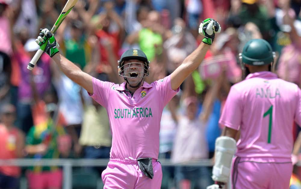 South Africa's AB de Villiers celebrates scoring the fastest 100 runs (31 balls) in International ODI during the second ODI against West Indies in Johannesburg, South Africa.