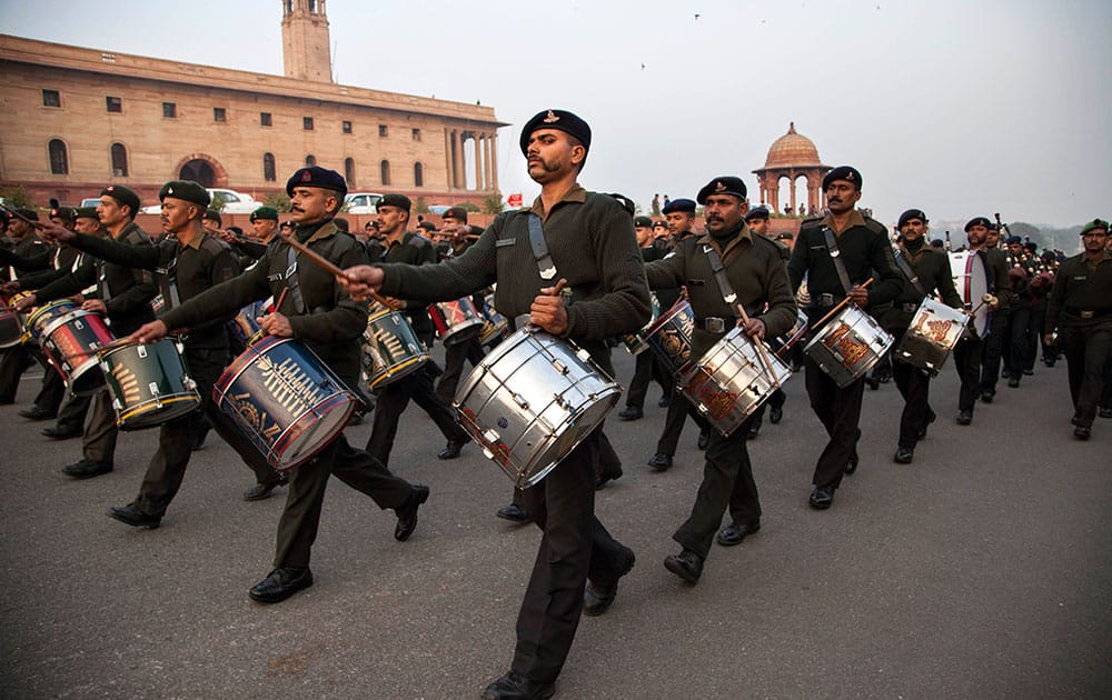 Members of the Indian Army band rehearse for the upcoming Beating Retreat ceremony at Raisina Hill, which houses India's most important ministries and the presidential palace, in New Delhi.