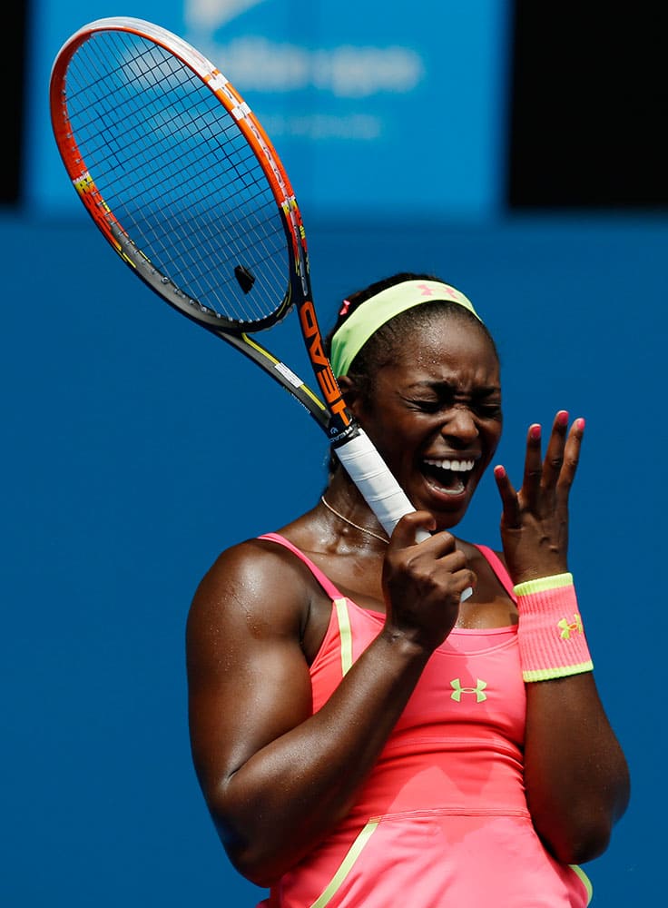 Sloane Stephens of the US reacts during her first round match against Victoria Azarenka of Belarus at the Australian Open tennis championship in Melbourne