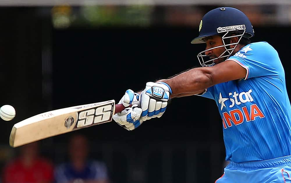 India's Ambati Rayudu drives the ball against England during their one day International cricket match in Brisbane.