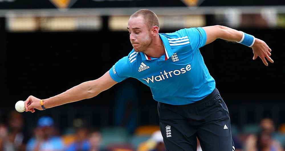 England's Stuart Broad attempts to field off his own bowling to India's Ambati Rayudu during their one day International cricket match in Brisbane, Australia.