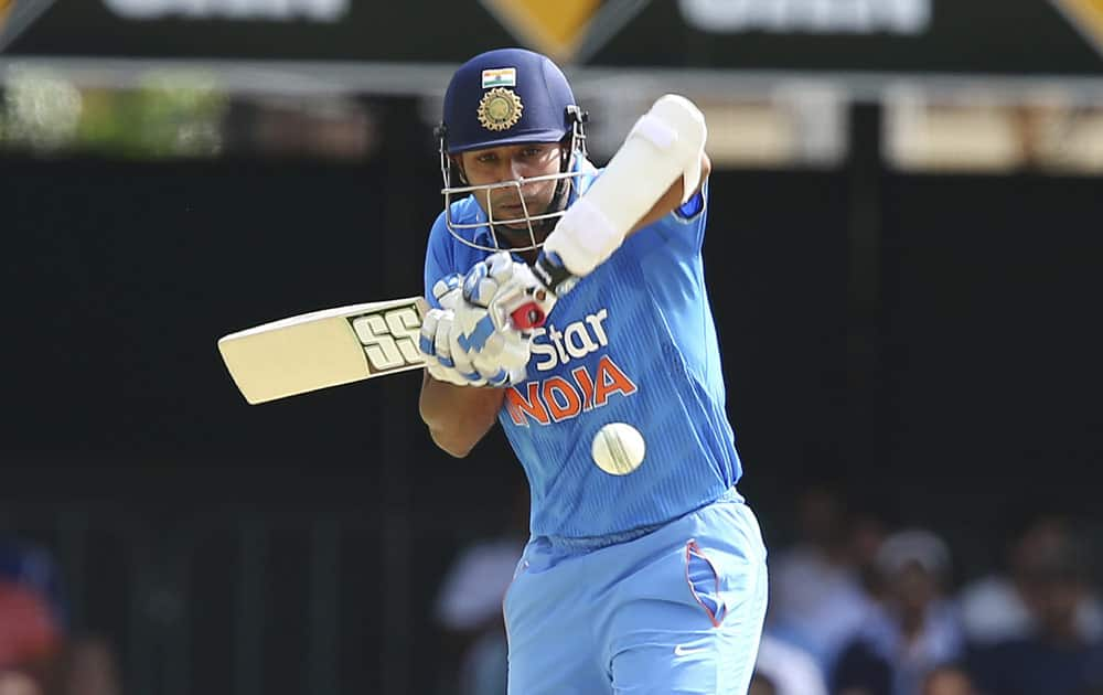 India's Stuart Binny plays a shot during the one-day International cricket match between England and India in Brisbane, Australia.