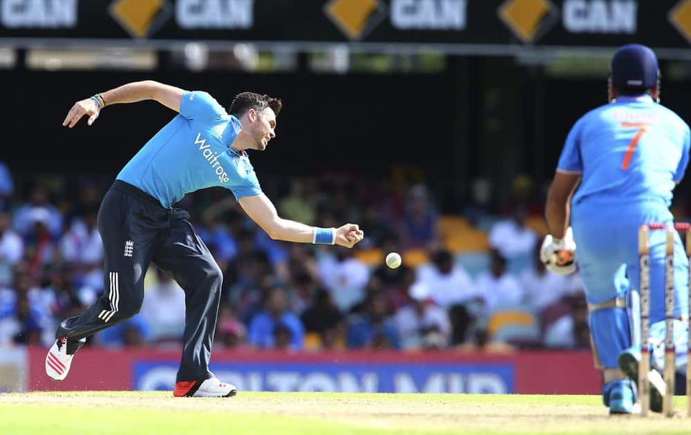 England's James Anderson, drops a catch from India's MS Dhoni, during the one day International cricket match between England and India in Brisbane, Australia.