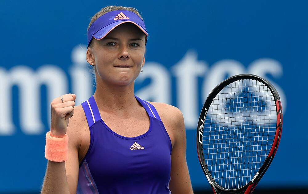 Daniela Hantuchova of Slovakia celebrates after defeating Zheng Saisai of China during their first round match at the Australian Open tennis championship in Melbourne.